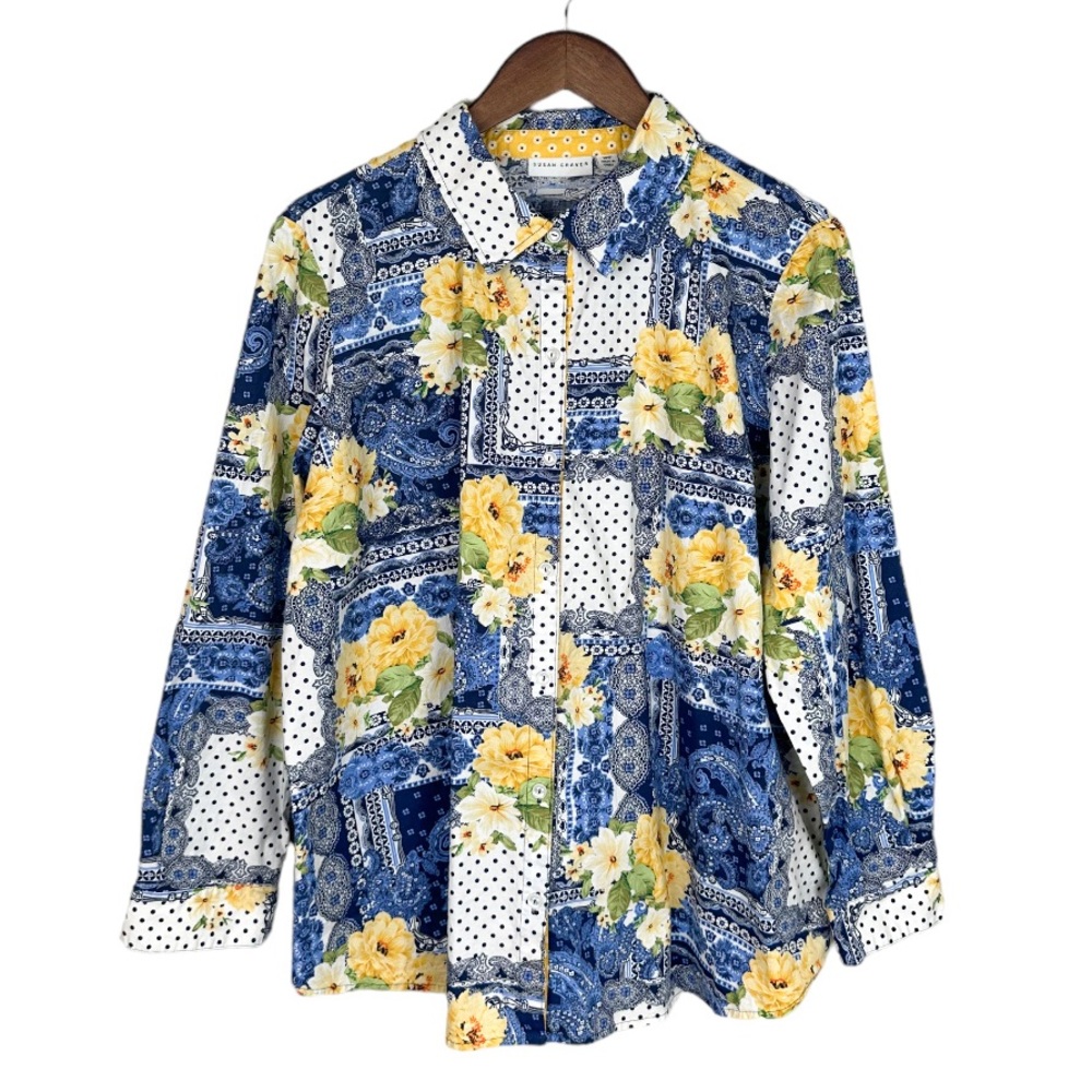 Susan Graver Womens Shirt 18W Blue Printed Stretch Cotton Button Front Patchwork